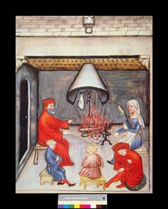 Conversación frente al fuego, ilustración de Tacuinum Sanitatis Codex Vindobonensis de Italian School